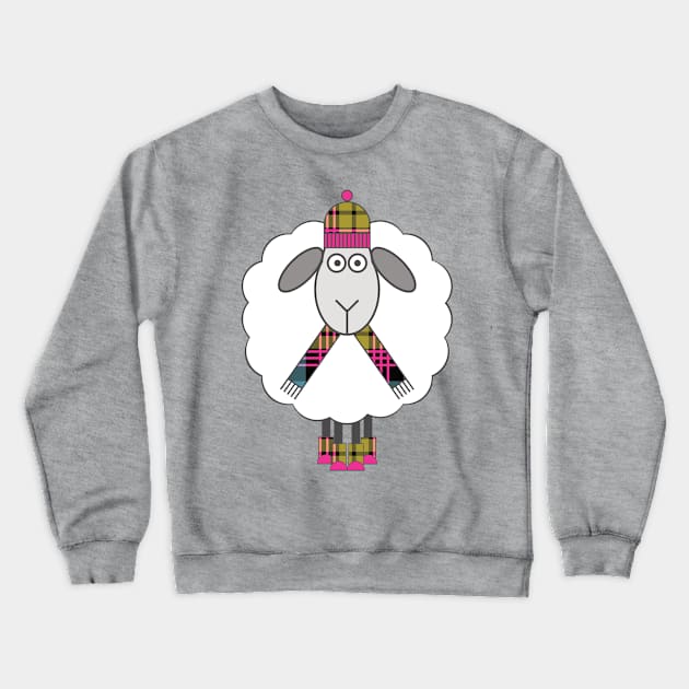 Cosy Winter Sheep With Pink, Blue and Yellow Tartan Hat, Scarf and Boots Crewneck Sweatshirt by MacPean